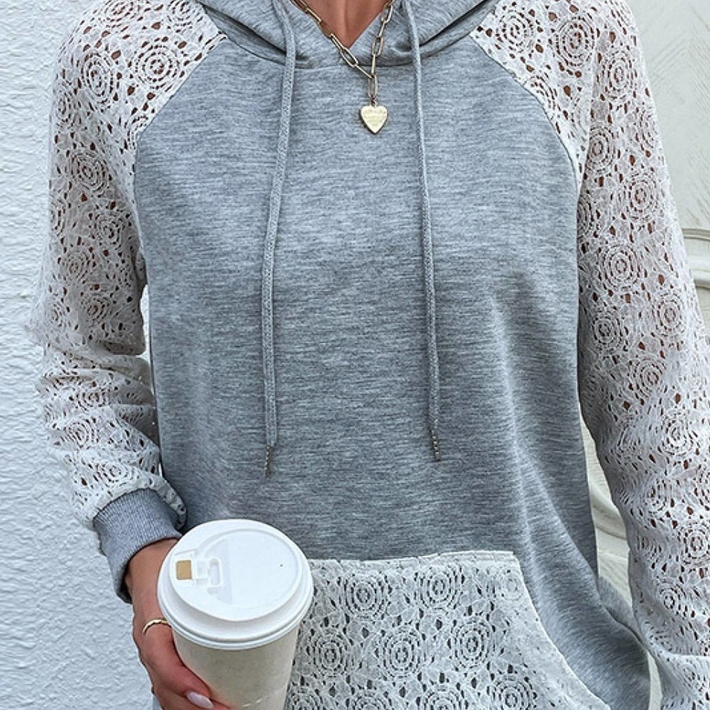 Lace Raglan Sleeve Drawstring Hoodie - Picture 4 of 7